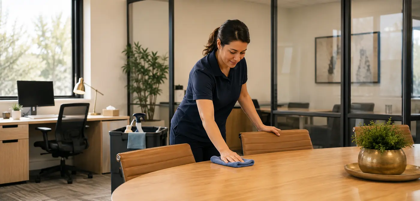 Professional cleaner maintaining a conference room in a small local office