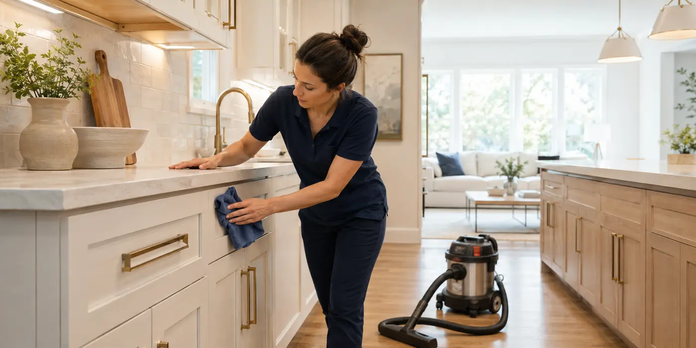 Professional cleaner completing final detail cleaning in a renovated kitchen